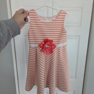 Youngland Kids Orange and White Striped Dress with Floral Detail